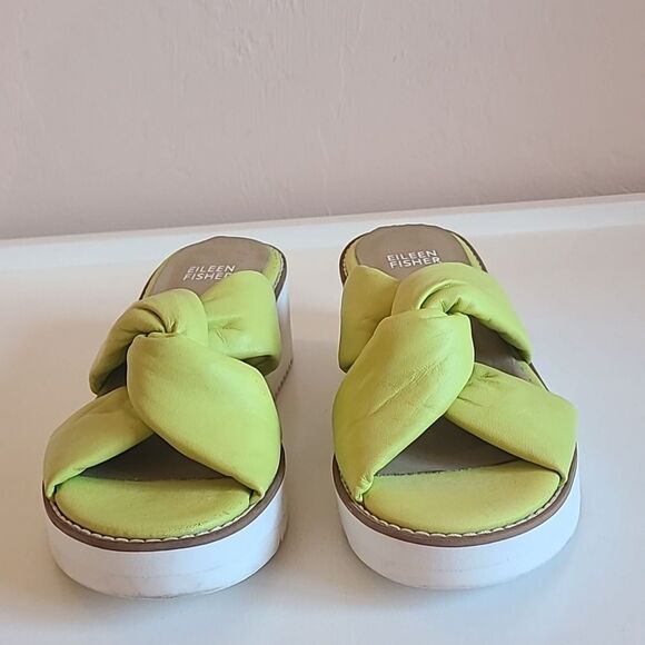 Eileen Fisher Bene Leather Platform Puffy Wedge Sandals Citrus Nappa Size 6 - Picture 4 of 15